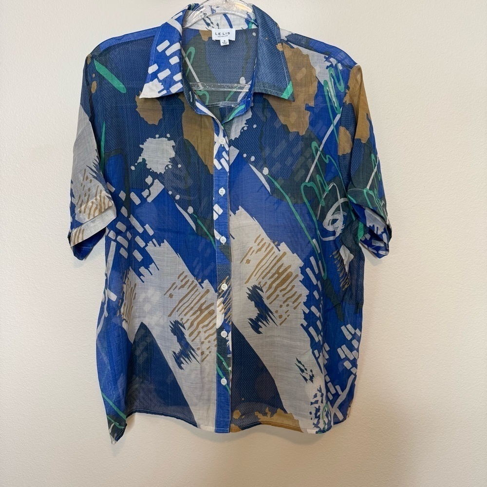Le Lis Retro Blue and Green Abstract Casual Shirt size Small